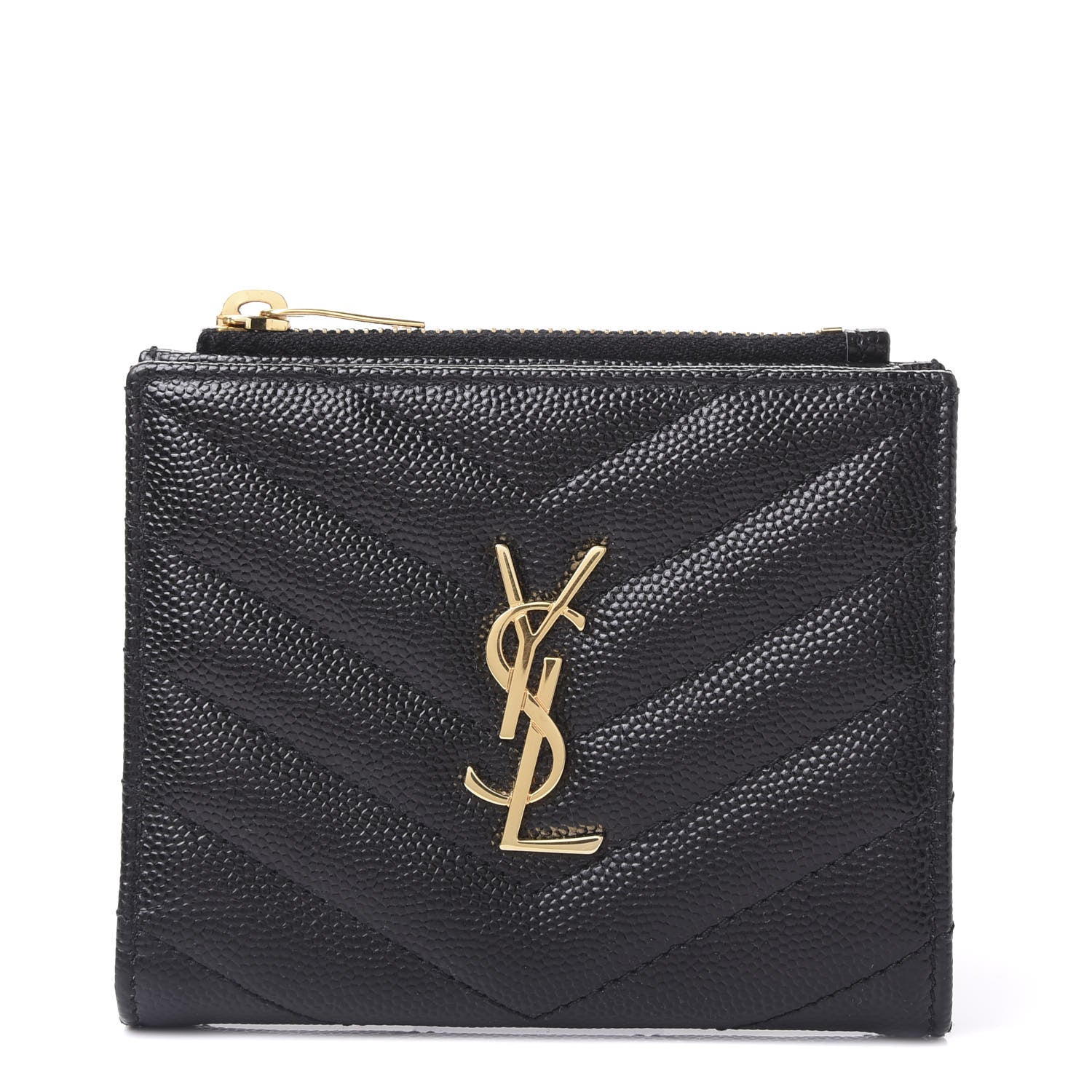 Saint Laurent Grain De Poudre Matelasse Chevron Monogram Zipped Card Case Black 1 of 8