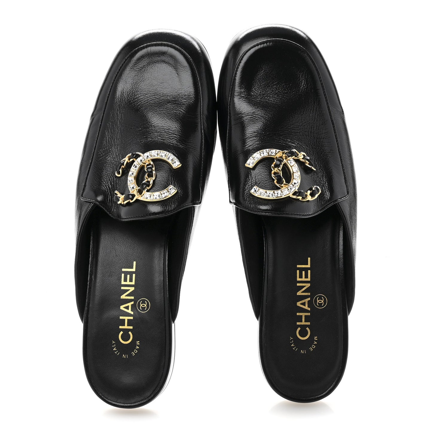 Shiny Calfskin Crystal CC Mules 39 Black