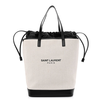 Saint Laurent Canvas Calfskin Teddy Drawstring Shopping Tote White Black 1 of 13