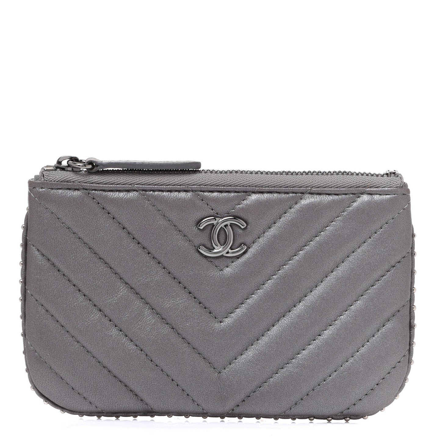Lambskin Chevron Quilted Studded Small Cosmetic Case Grey
