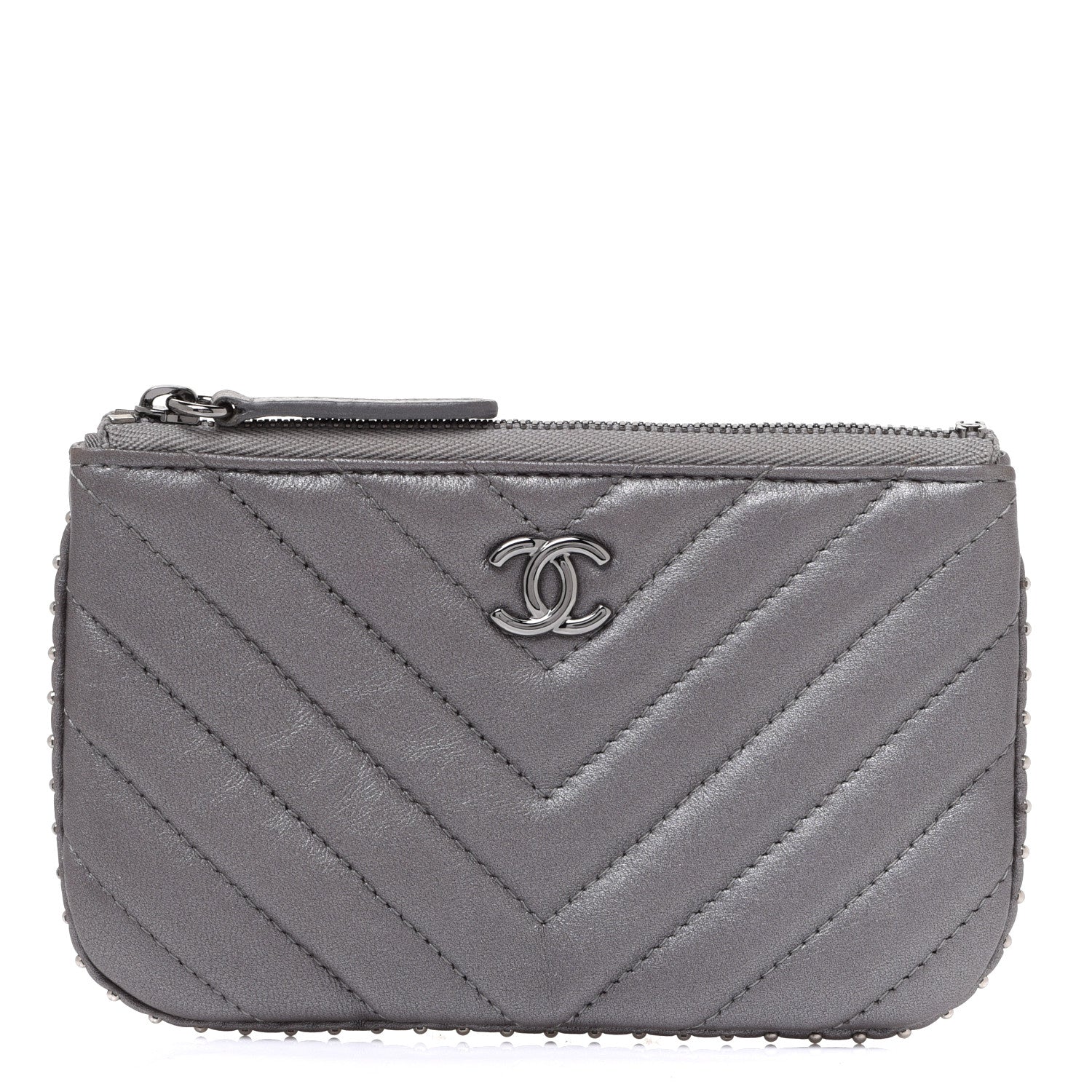 Chanel Lambskin Chevron Quilted Studded Small Cosmetic Case Grey 1 of 7