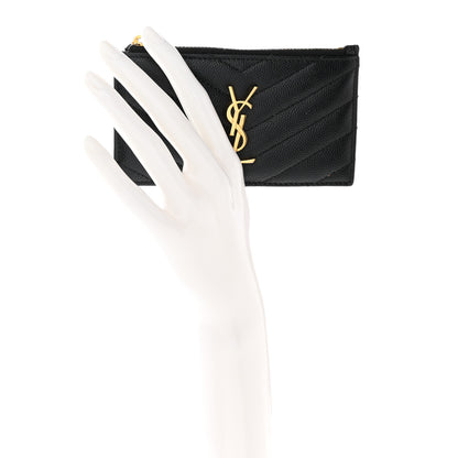 Saint Laurent Grain De Poudre Matelasse Chevron Monogram Fragments Zippered Card Case Black 2 of 10