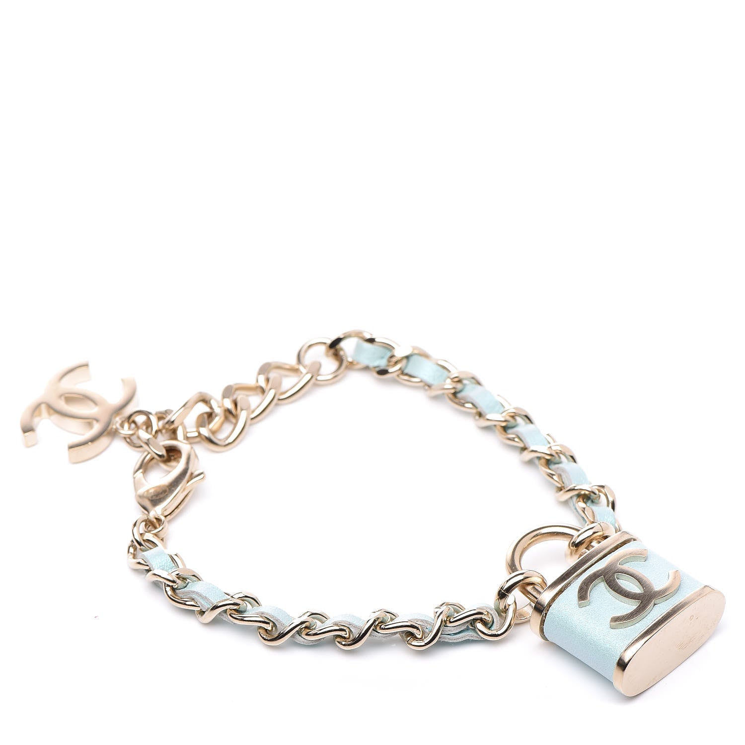 Chanel Metal Iridescent Lambskin Lock Bracelet Gold Light Blue 1 of 7