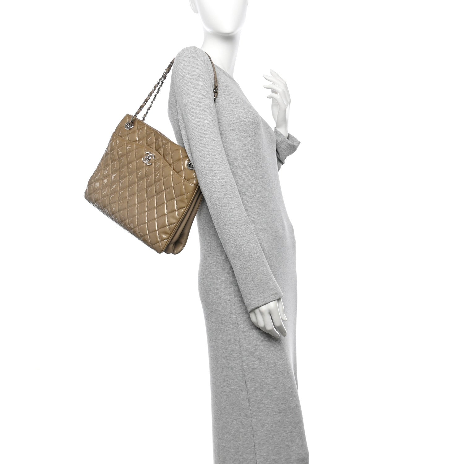 Chanel Patent Quilted Accordion Shopping Tote Beige 2 of 15