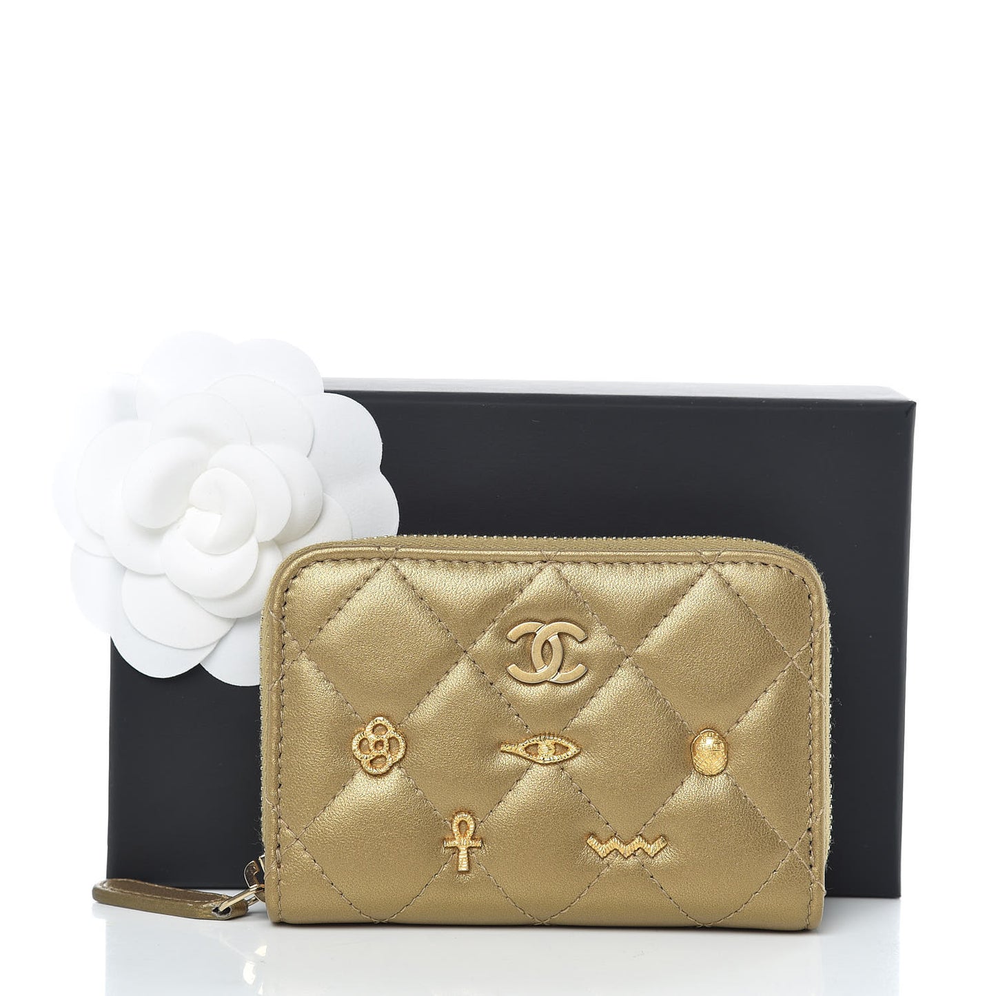 Metallic Lambskin Egyptian Amulet Zip Coin Purse Gold