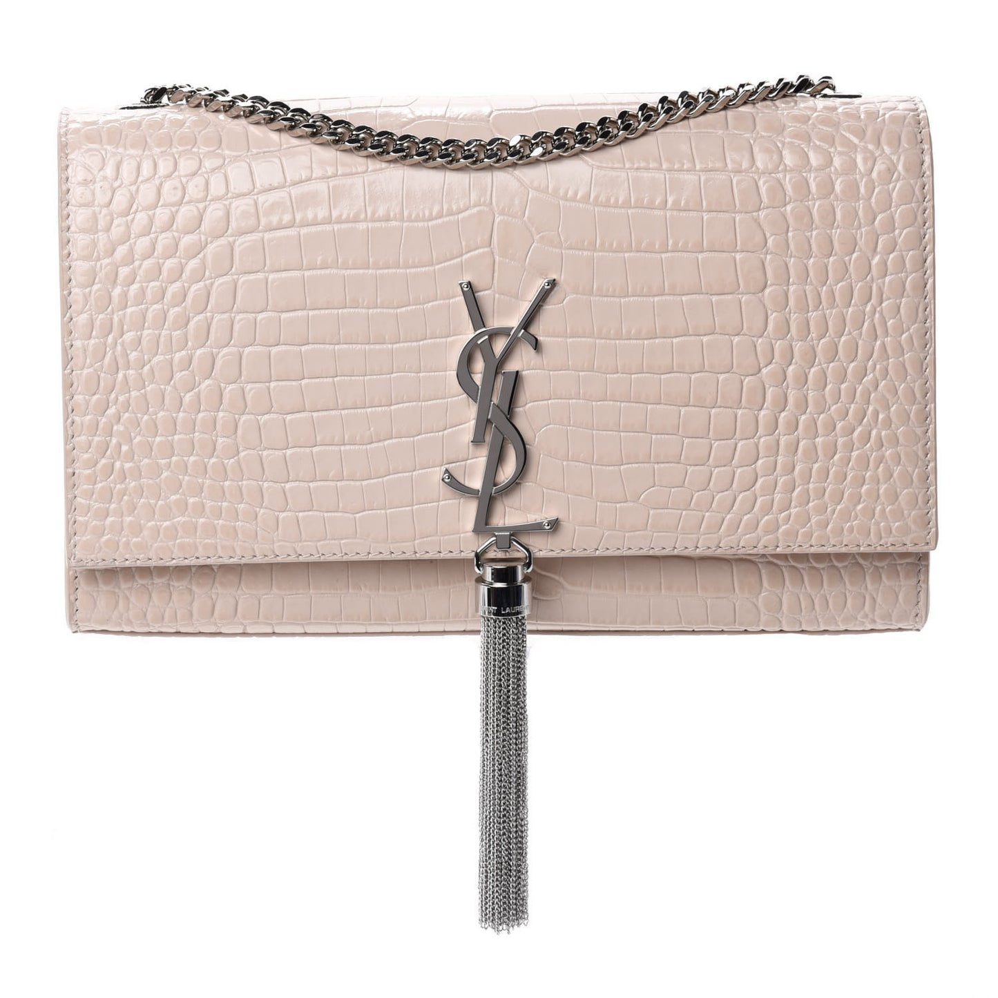 Calfskin Crocodile Embossed Medium Classic Monogram Kate Tassel Satchel Powder Pink