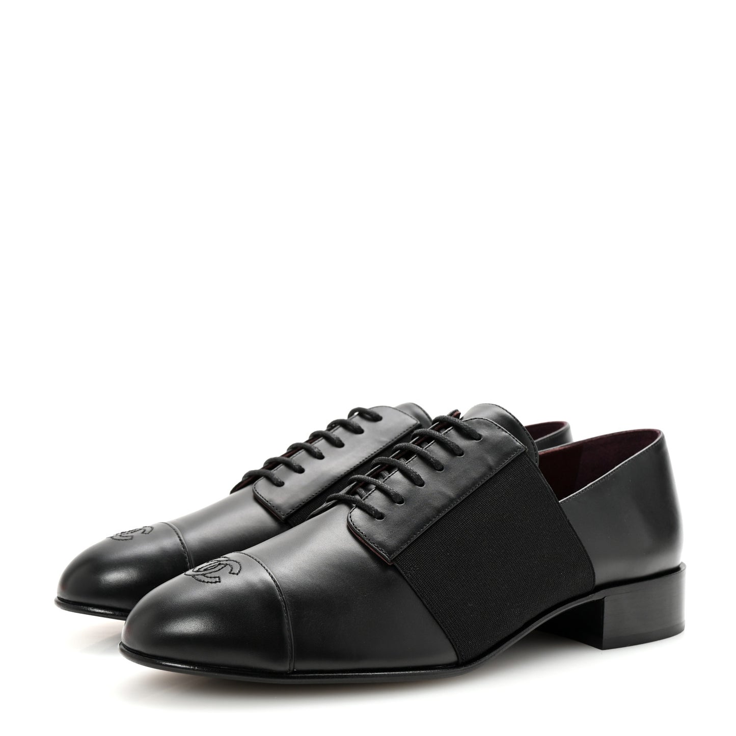Calfskin Elastic Lace Up Cap Toe CC Loafers 40 Black