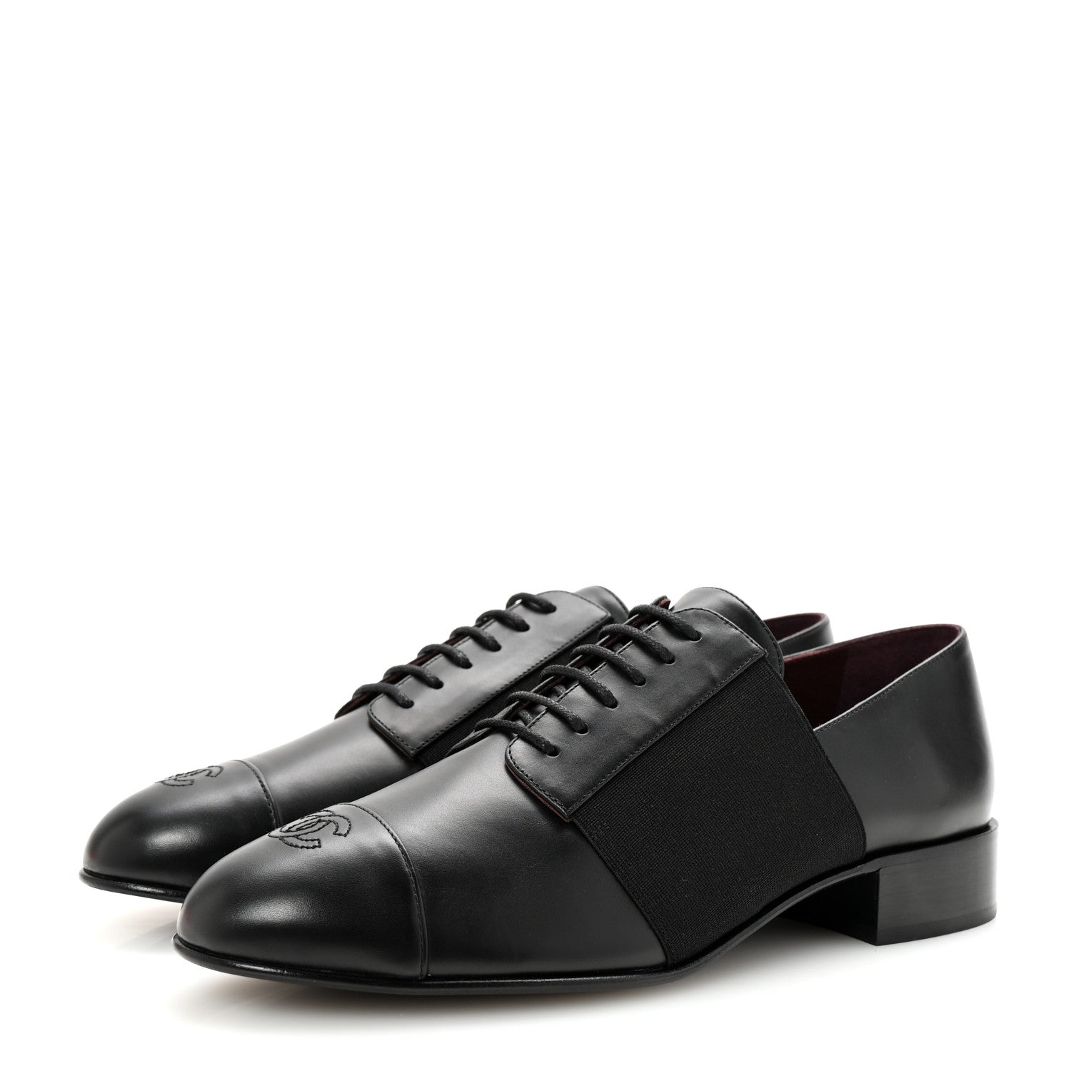 Chanel Calfskin Elastic Lace Up Cap Toe CC Loafers 40 Black 4 of 9