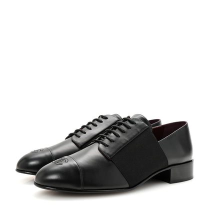 Chanel Calfskin Elastic Lace Up Cap Toe CC Loafers 40 Black 4 of 9