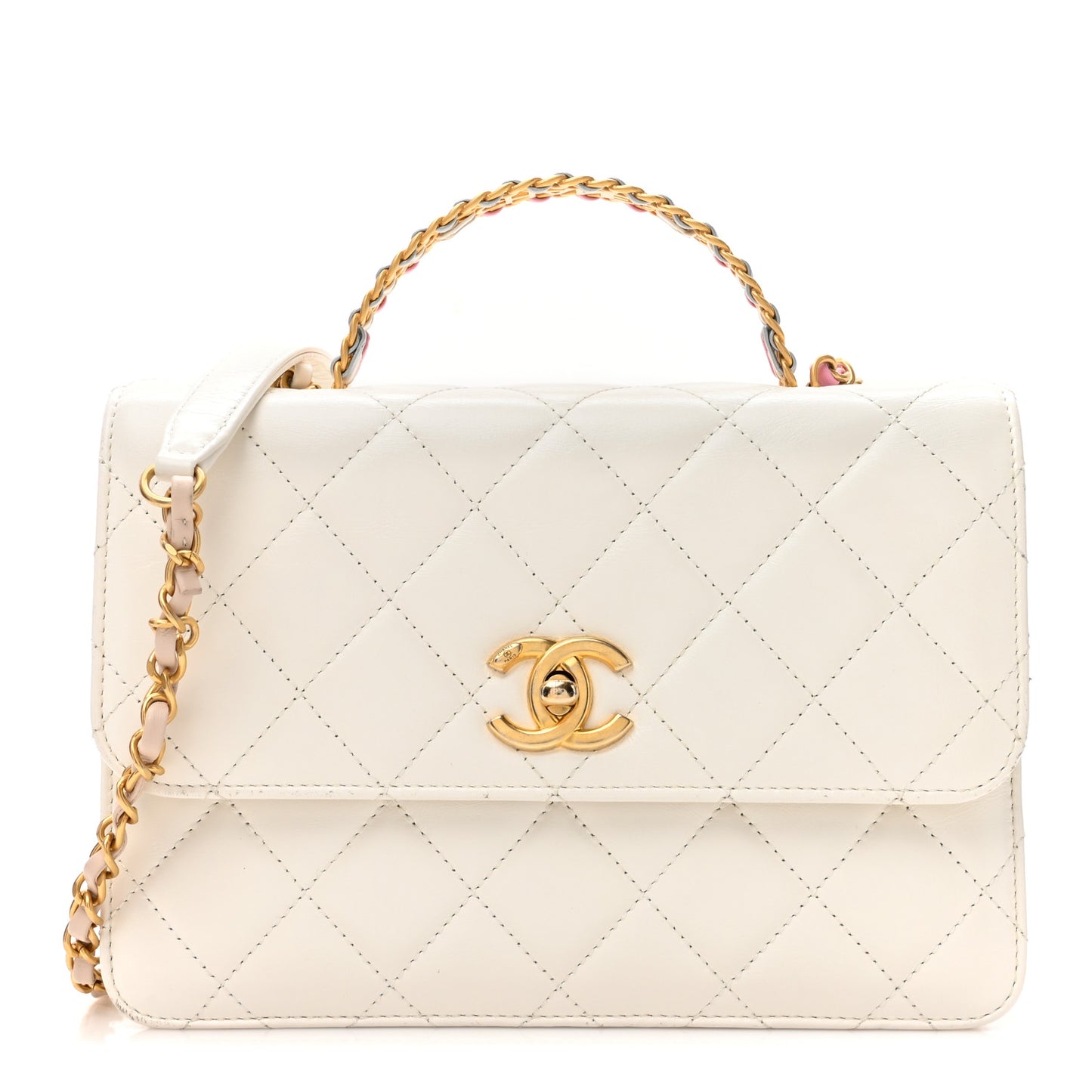 Shiny Calfskin Quilted Multicolor Small Top Handle White