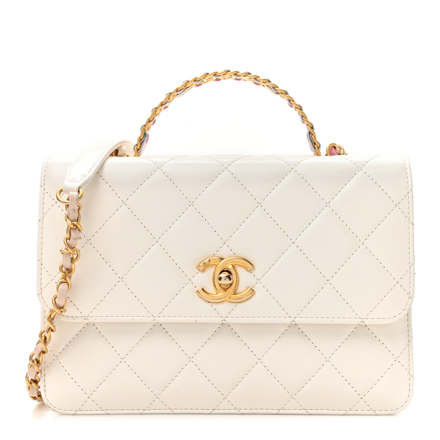 Chanel Shiny Calfskin Quilted Multicolor Small Top Handle White 1 of 17