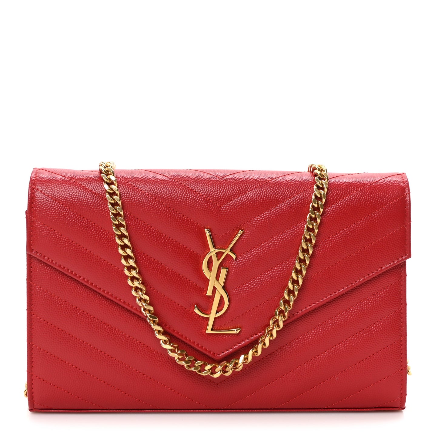 Grain De Poudre Matelasse Chevron Monogram Chain Wallet Red