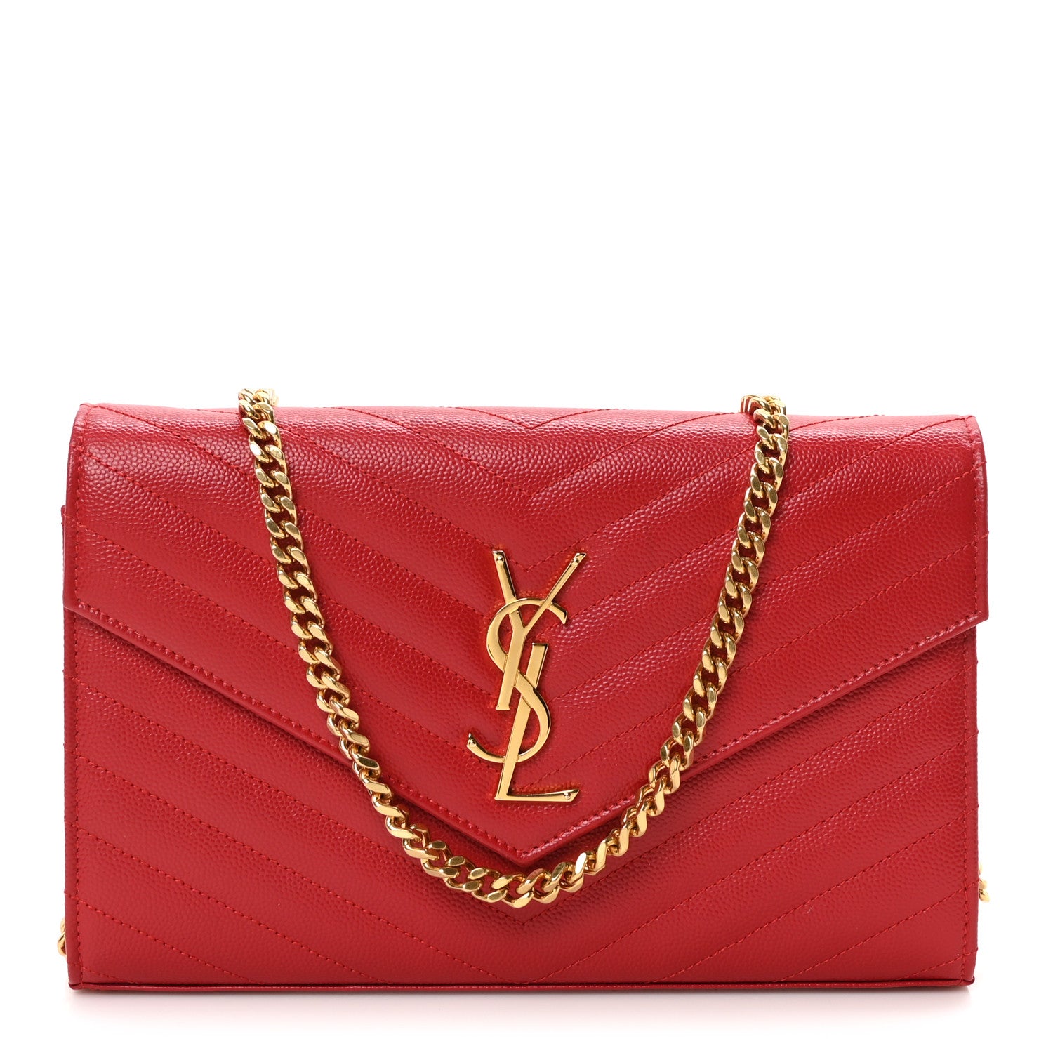 Saint Laurent Grain De Poudre Matelasse Chevron Monogram Chain Wallet Red 1 of 9