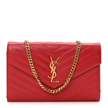 Saint Laurent Grain De Poudre Matelasse Chevron Monogram Chain Wallet Red 1 of 9