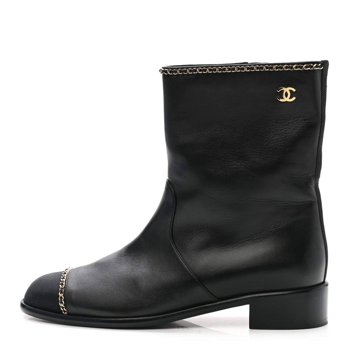 Lambskin Grosgrain Cap Toe Chain Short Boots 40 Black