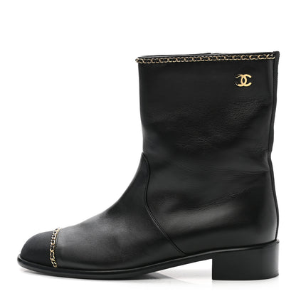 Chanel Lambskin Grosgrain Cap Toe Chain Short Boots 40 Black 1 of 8