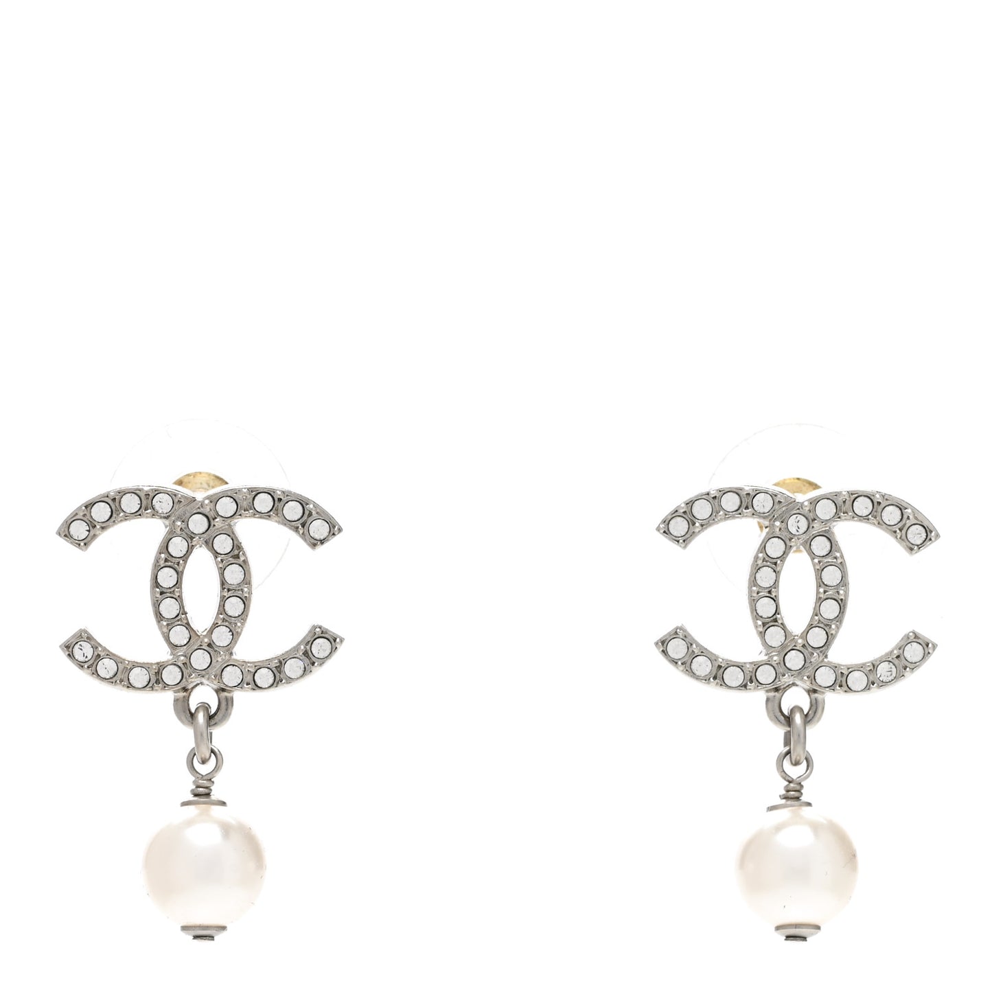 Pearl Crystal CC Drop Earrings Silver Pearly White
