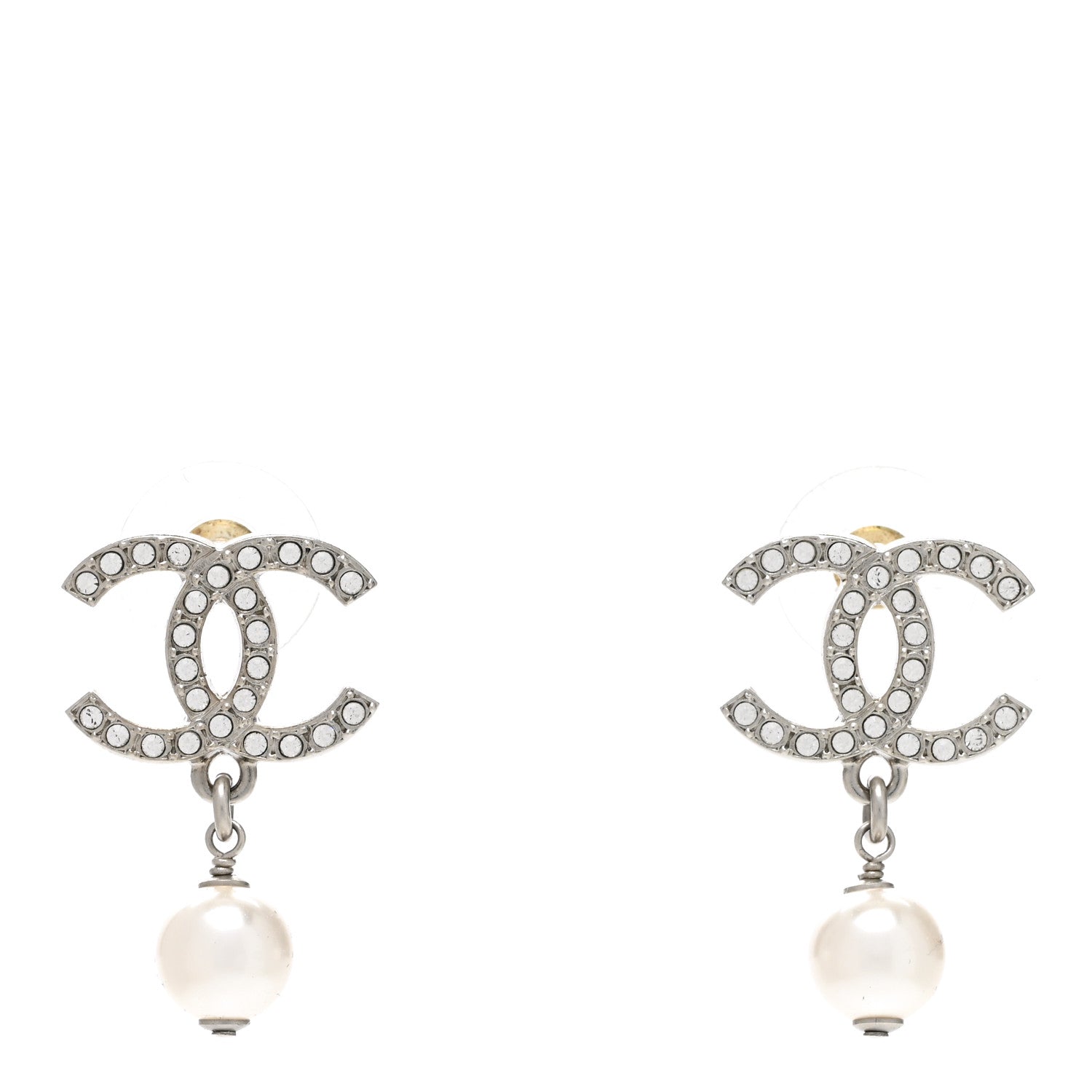 Chanel Pearl Crystal CC Drop Earrings Silver Pearly White 1 of 5