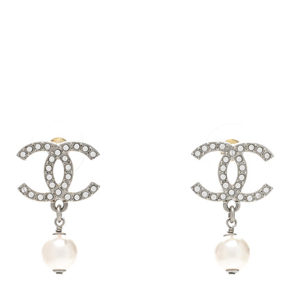 Chanel Pearl Crystal CC Drop Earrings Silver Pearly White 1 of 5