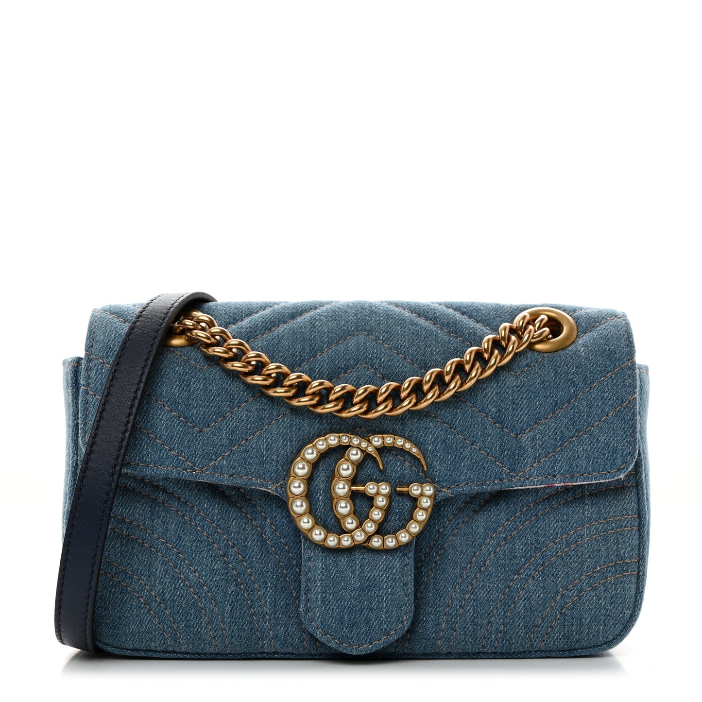 Denim Matelasse Mini Pearly GG Marmont Shoulder Bag Blue