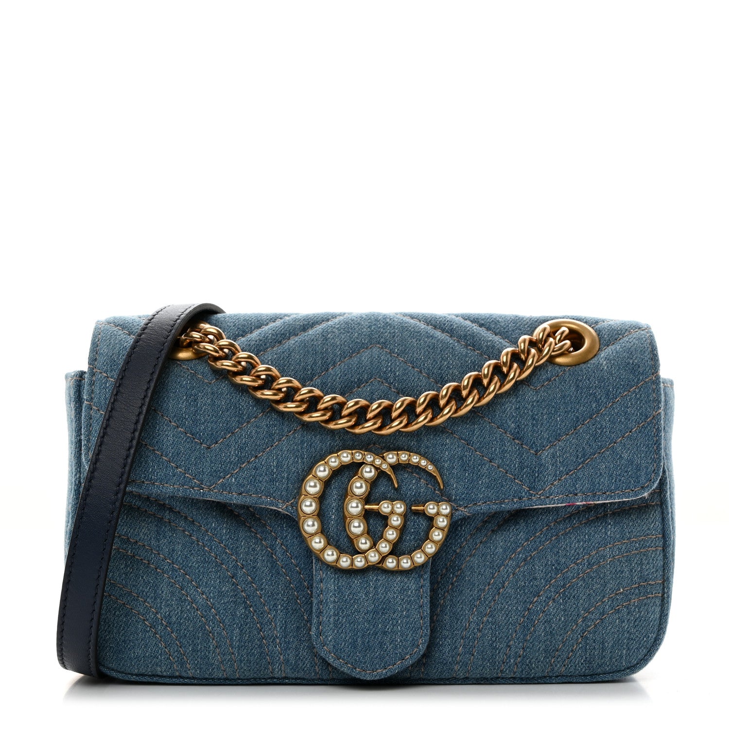 Gucci Denim Matelasse Mini Pearly GG Marmont Shoulder Bag Blue 1 of 10