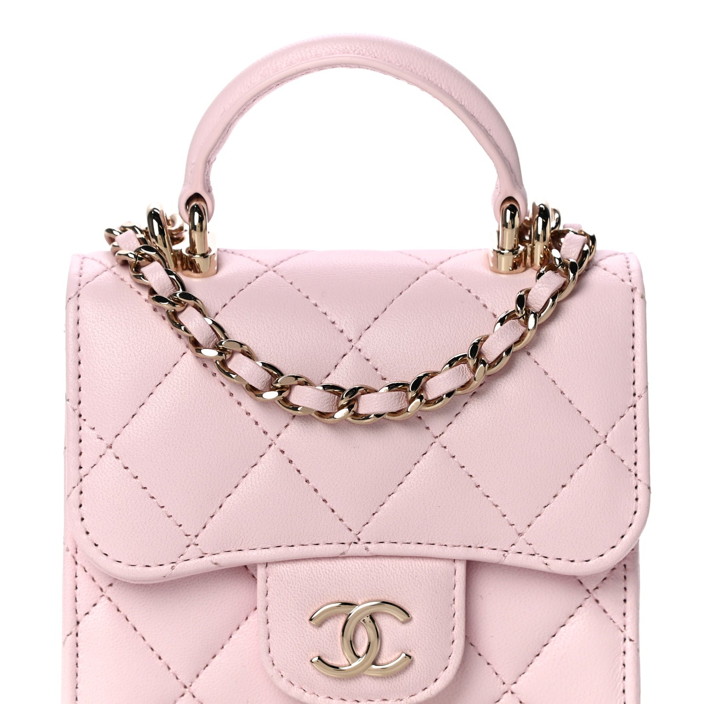 Lambskin Quilted Top Handle Clutch With Chain Light Pink