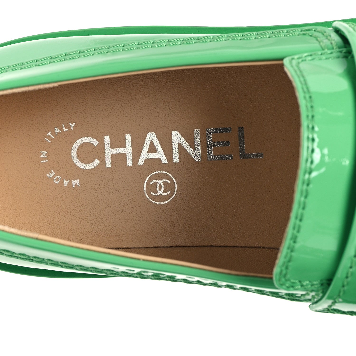 Chanel Patent Calfskin Logo Loafers 37 Green 8 of 10
