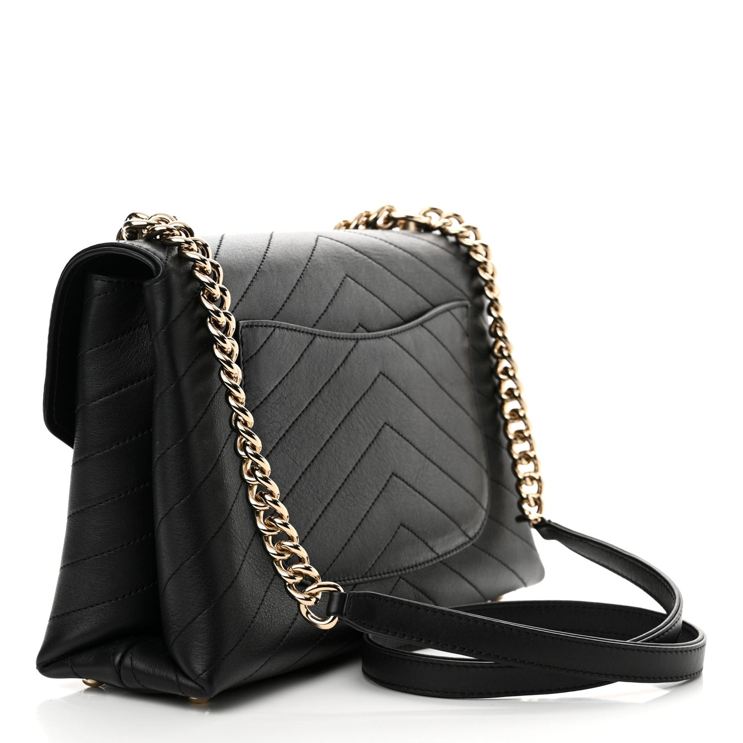 Calfskin Chevron Stitched Medium Coco Flap Bag Black