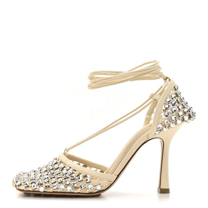 Bottega Veneta Mesh Nappa Crystal Embellished Sparkle Stretch Ankle Tie 90mm Sandals 36 White 1 of 12