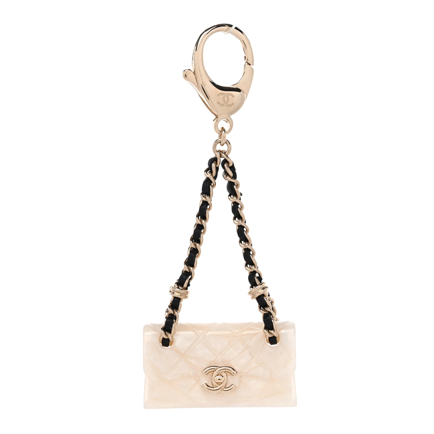Metal Resin Calfskin CC Quilted Flap Bag Charm Gold White