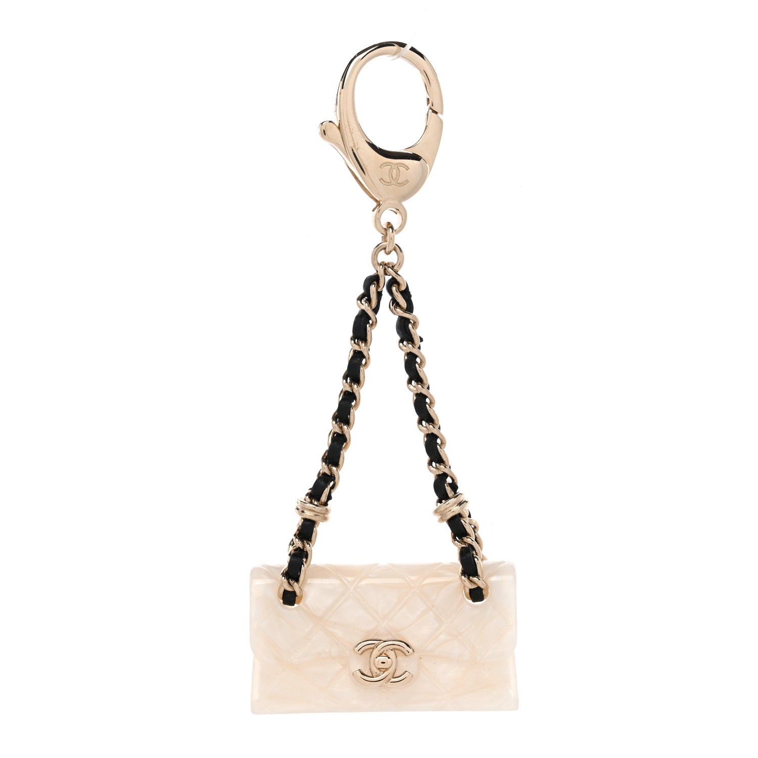 Chanel Metal Resin Calfskin CC Quilted Flap Bag Charm Gold White 1 of 4