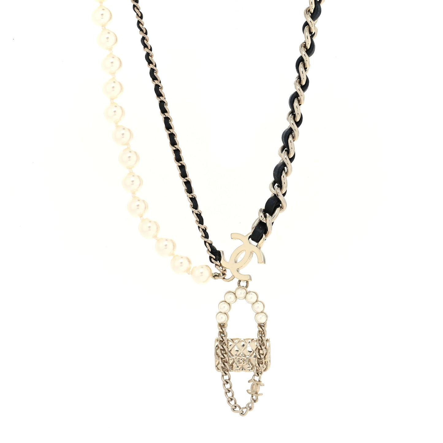 Lambskin Pearl Quilted Flap Necklace Gold Black Pearly White