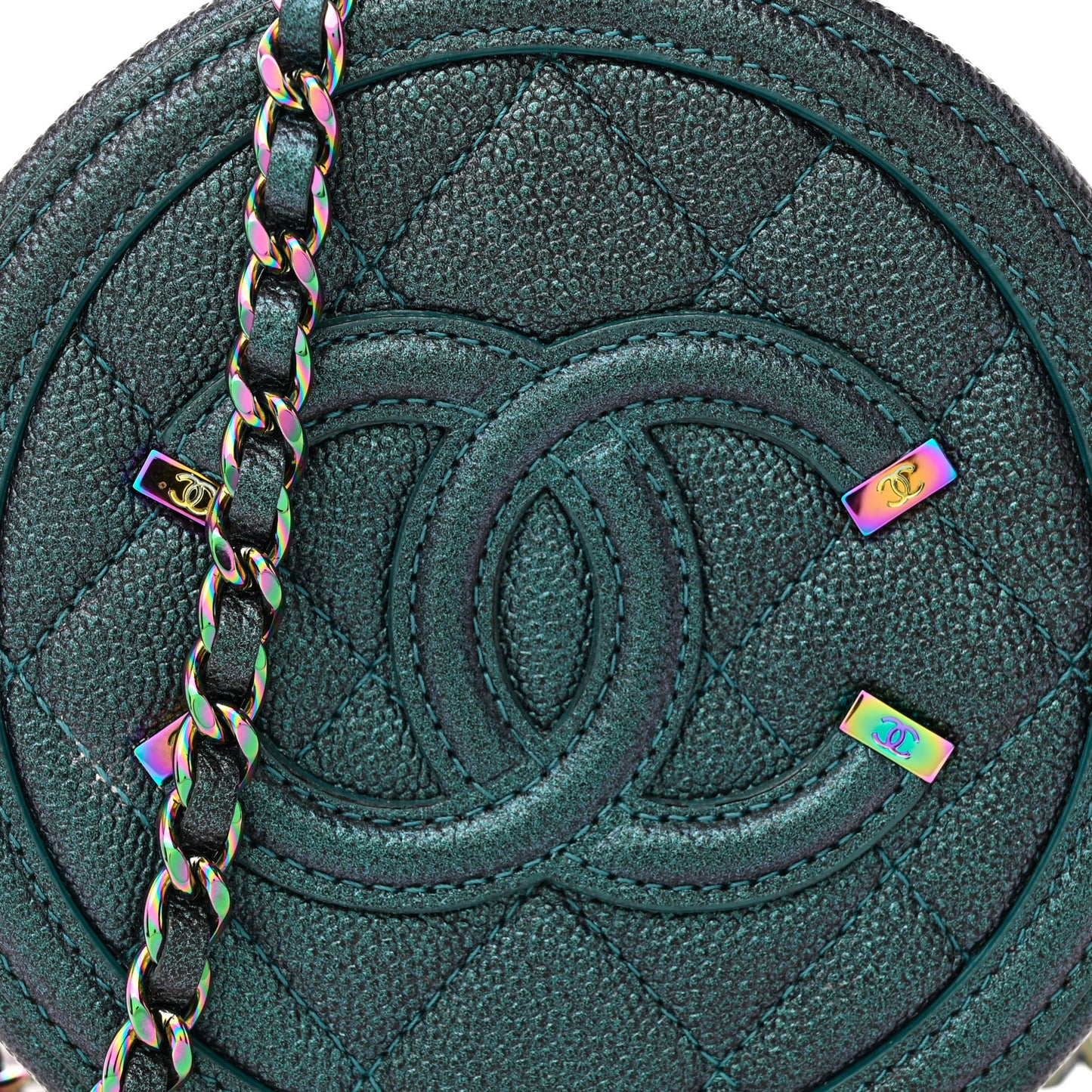 Iridescent Caviar Quilted Round Filigree Crossbody Dark Turquoise