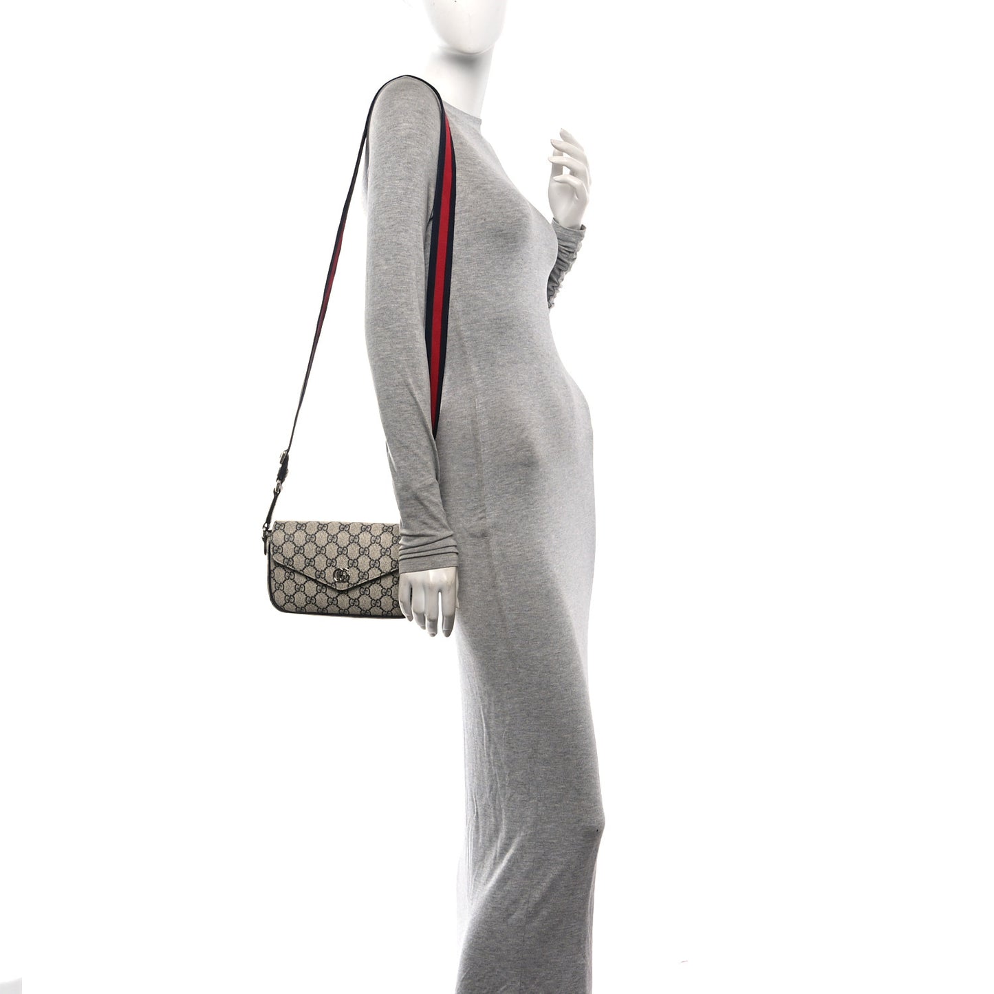GG Supreme Monogram Textured Dollar Calfskin Web Mini Ophidia Envelope Shoulder Bag Beige Blue