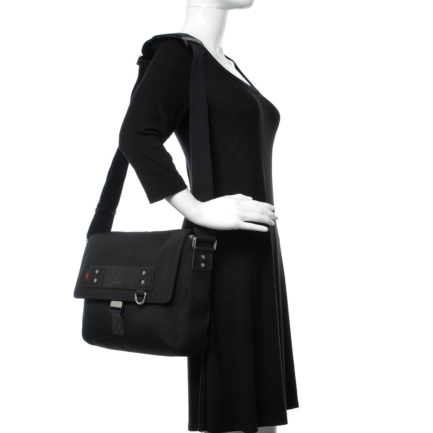 Canvas Web Medium Single Buckle Flap Messenger Bag Black