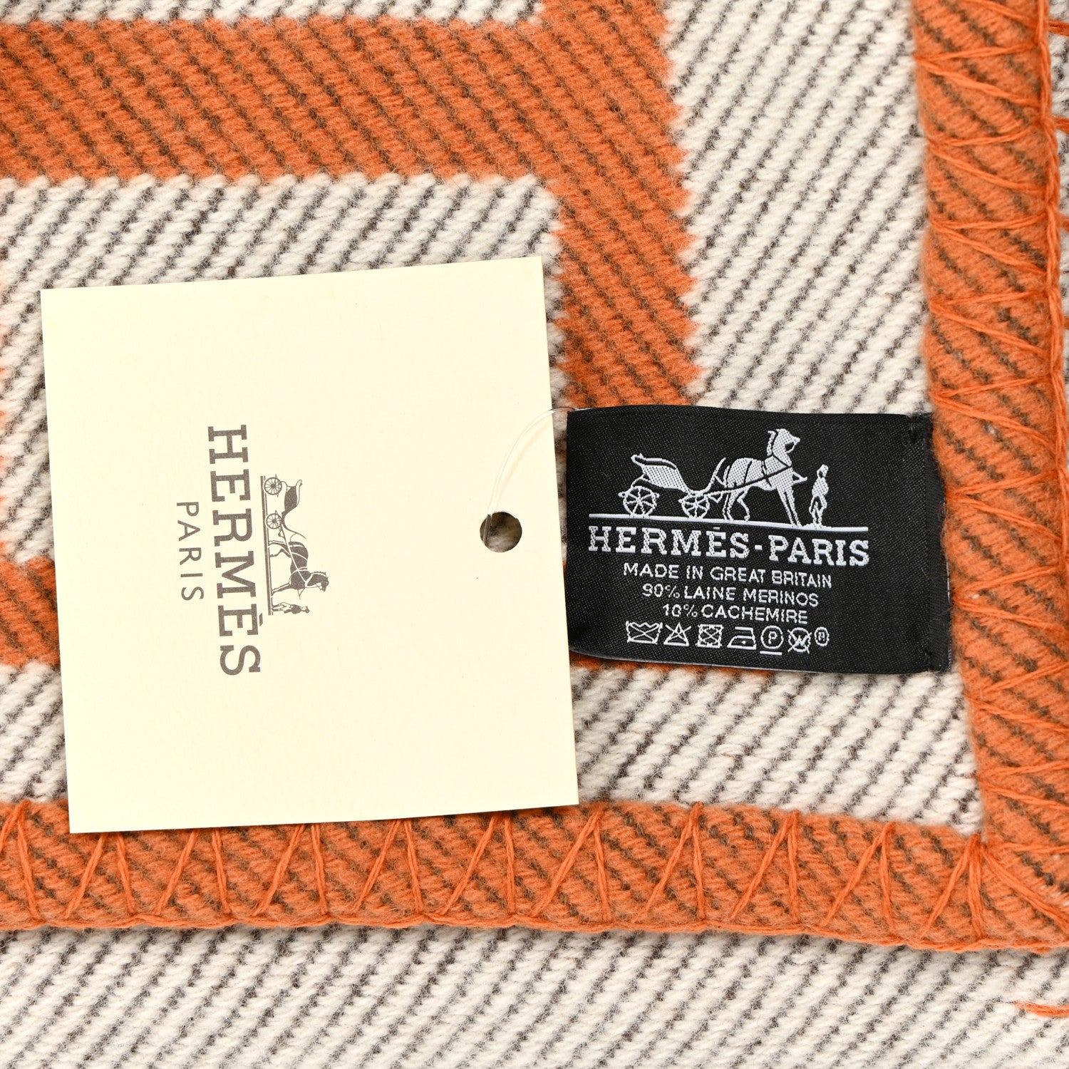 Hermes Wool Cashmere Signature Classic Avalon Blanket Ecru Potiron 3 of 3