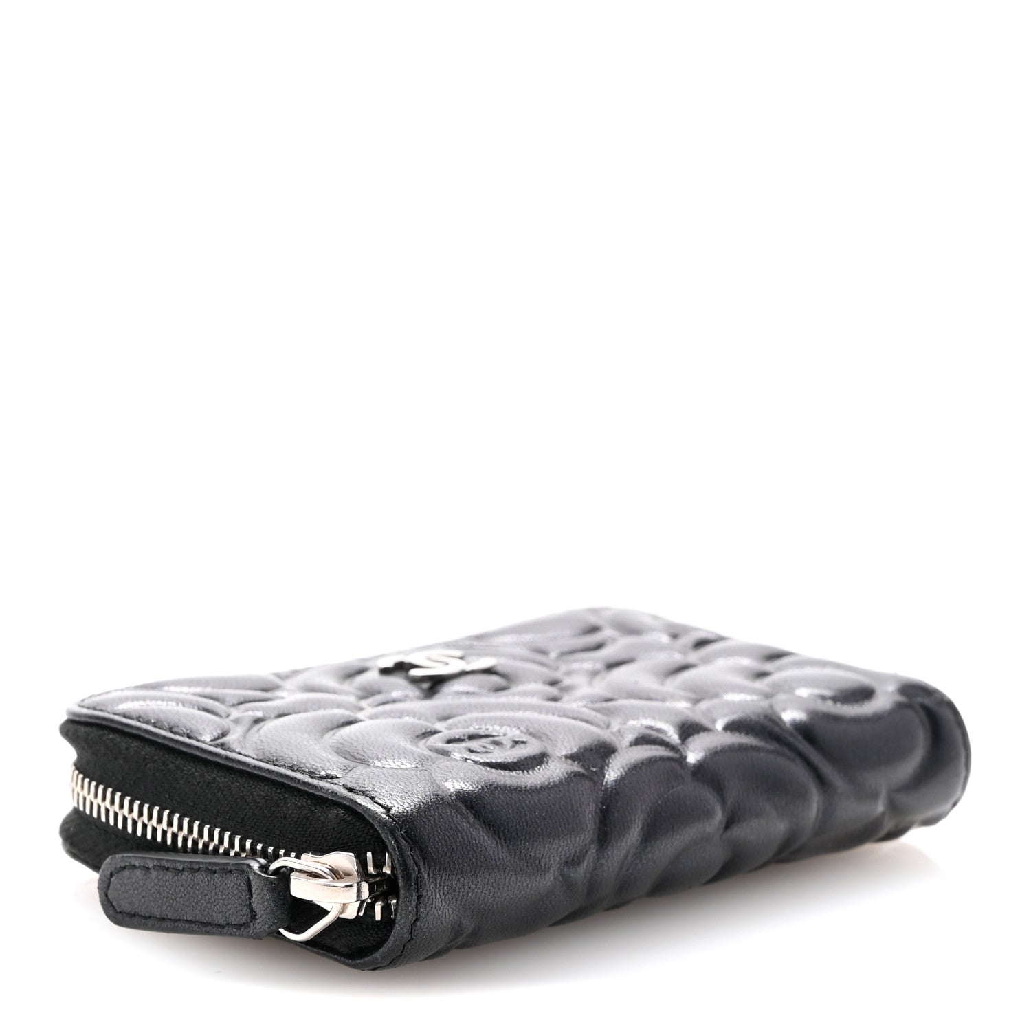 Chanel Iridescent Lambskin Camellia Embossed Zip Coin Purse Black 4 of 9