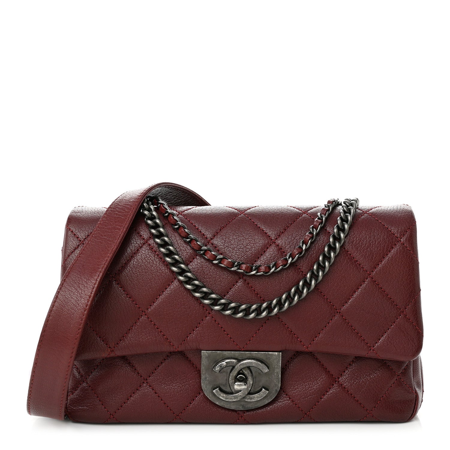 Chanel Shiny Goatskin Quilted Small Double Carry Waist Chain Flap Burgundy 1 of 10