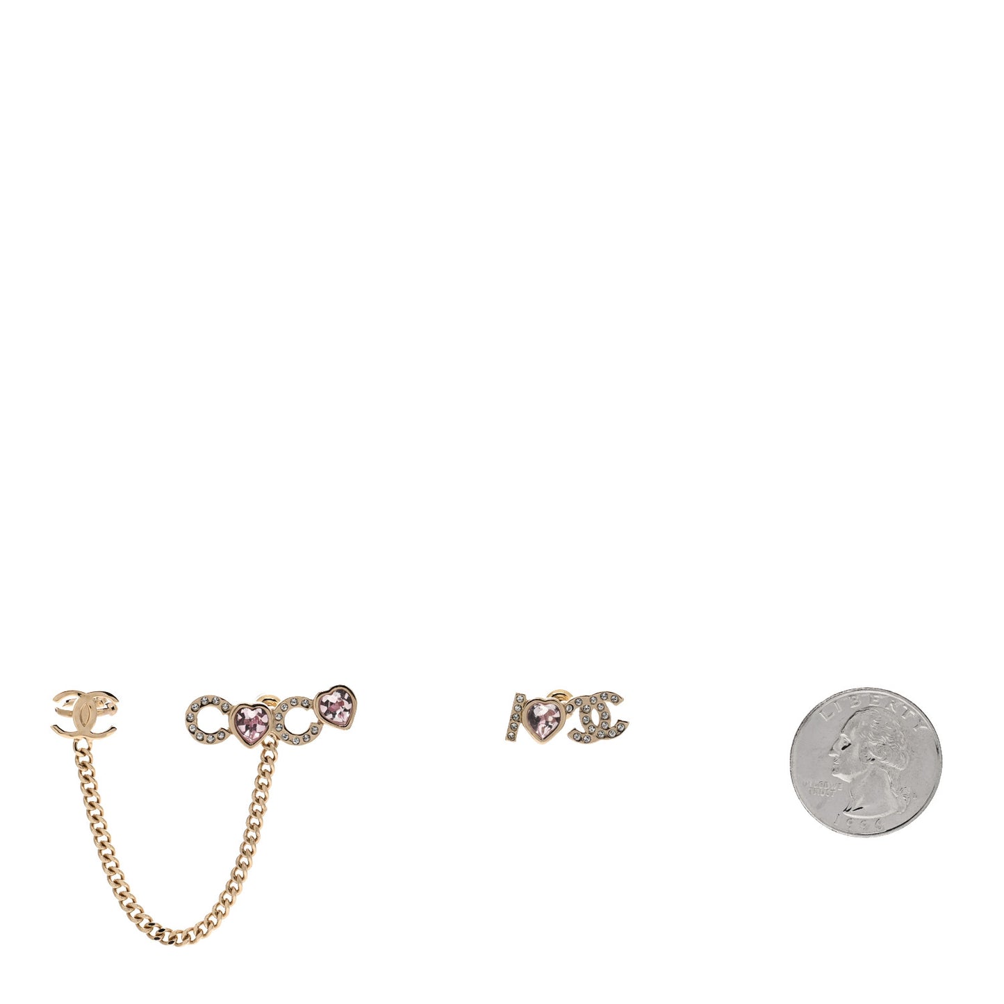 Metal Strass I Love Coco Heart Chain Climber Earrings Gold Pink