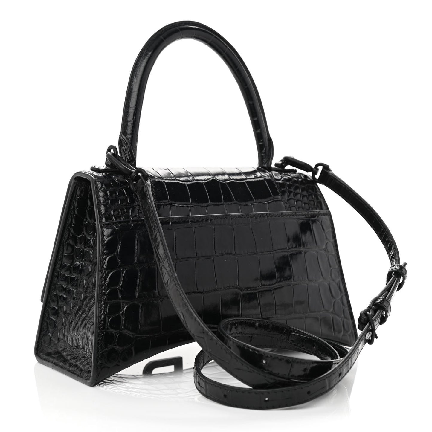 Shiny Calfskin Monochrome Crocodile Embossed Small Hourglass Top Handle Bag Black