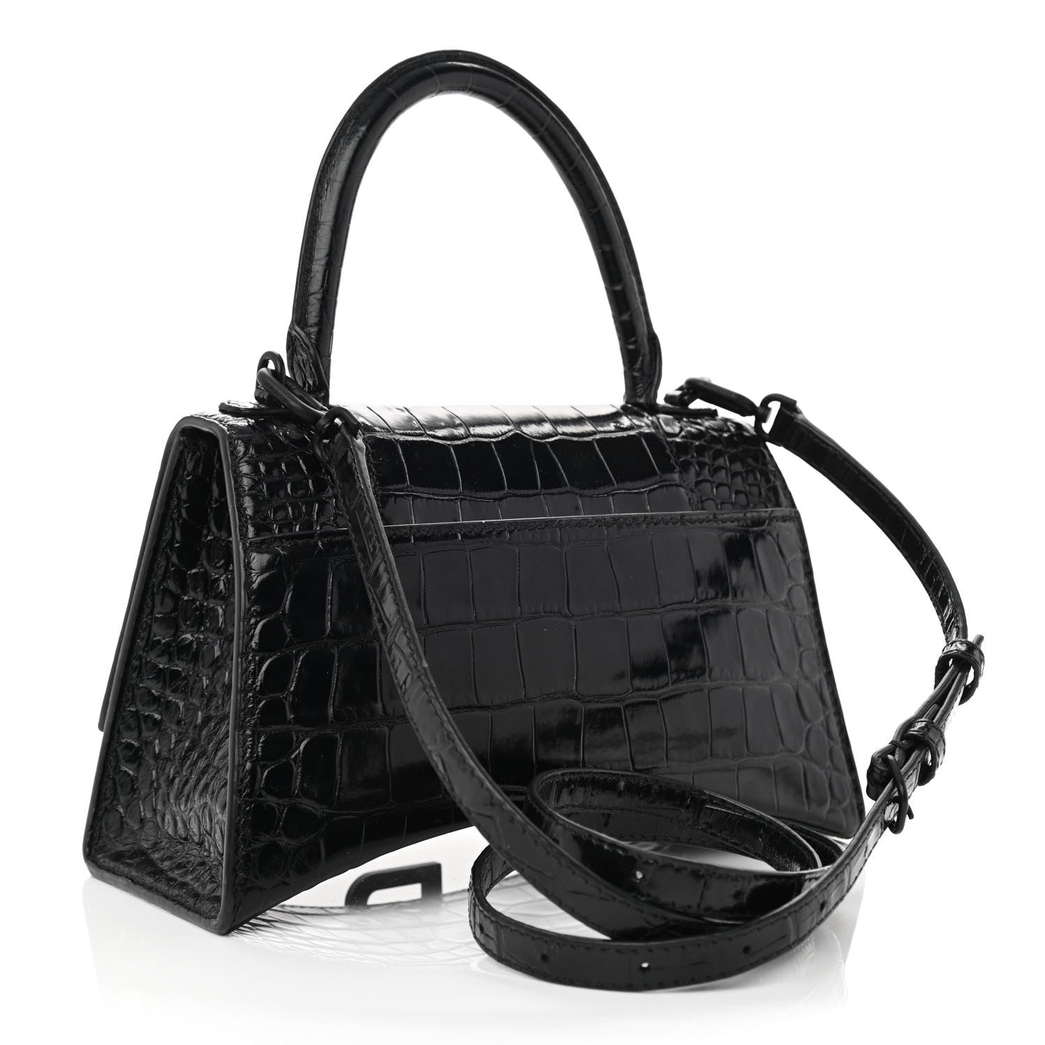 Balenciaga Shiny Calfskin Monochrome Crocodile Embossed Small Hourglass Top Handle Bag Black 3 of 9