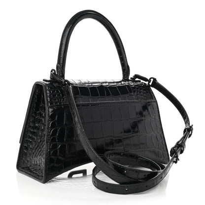 Balenciaga Shiny Calfskin Monochrome Crocodile Embossed Small Hourglass Top Handle Bag Black 3 of 9