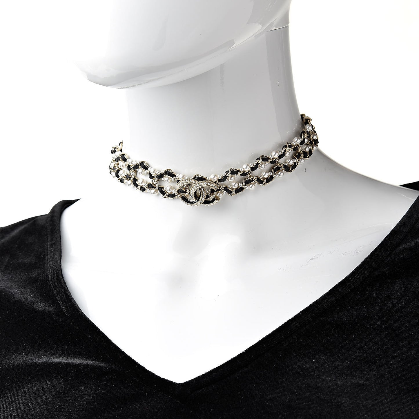Pearl Lambskin CC Chain Twist Choker Necklace Black Gold