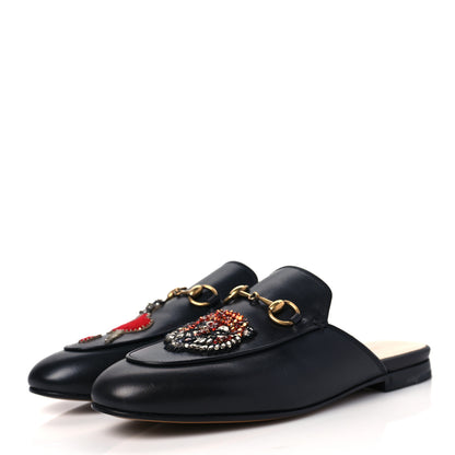 Gucci Calfskin Crystal Tiger Embroidered Womens Princetown Slippers 37 Black 3 of 8