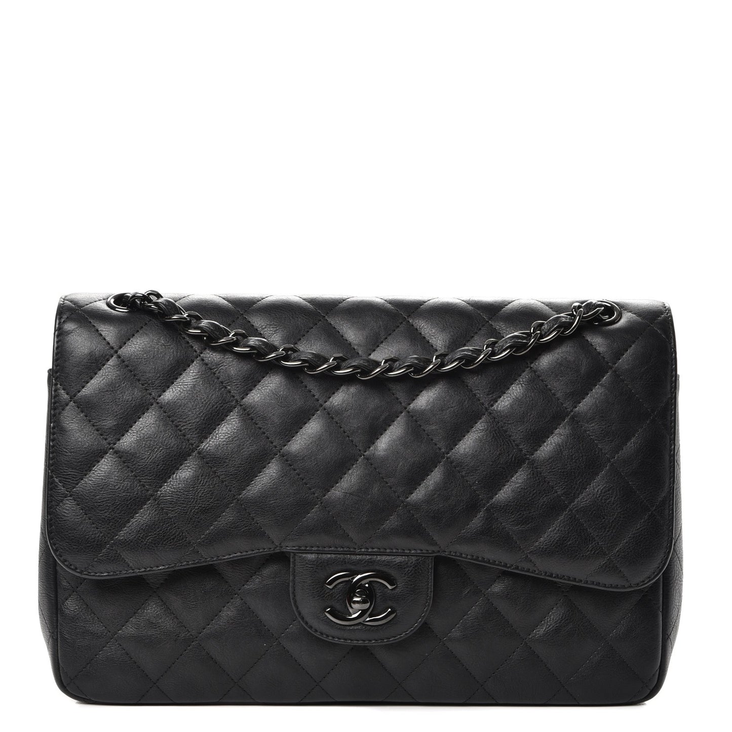 Crumpled Calfskin Quilted Jumbo Double Flap So Black