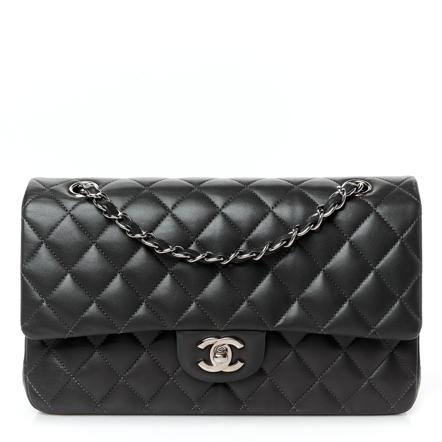 Lambskin Quilted Medium Double Flap Dark Grey