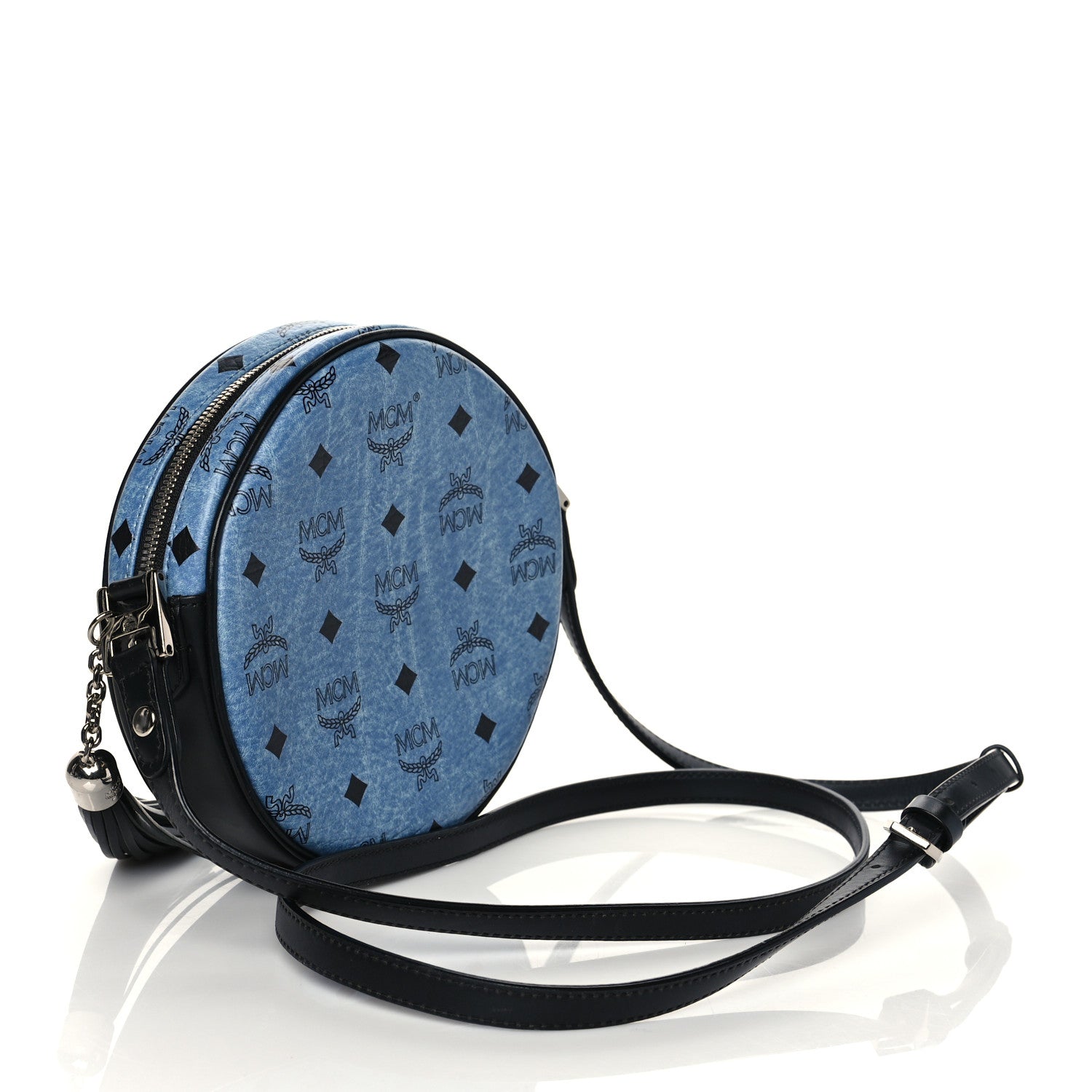 MCM Visetos Calfskin Round Crossbody Bag Denim Blue 3 of 9