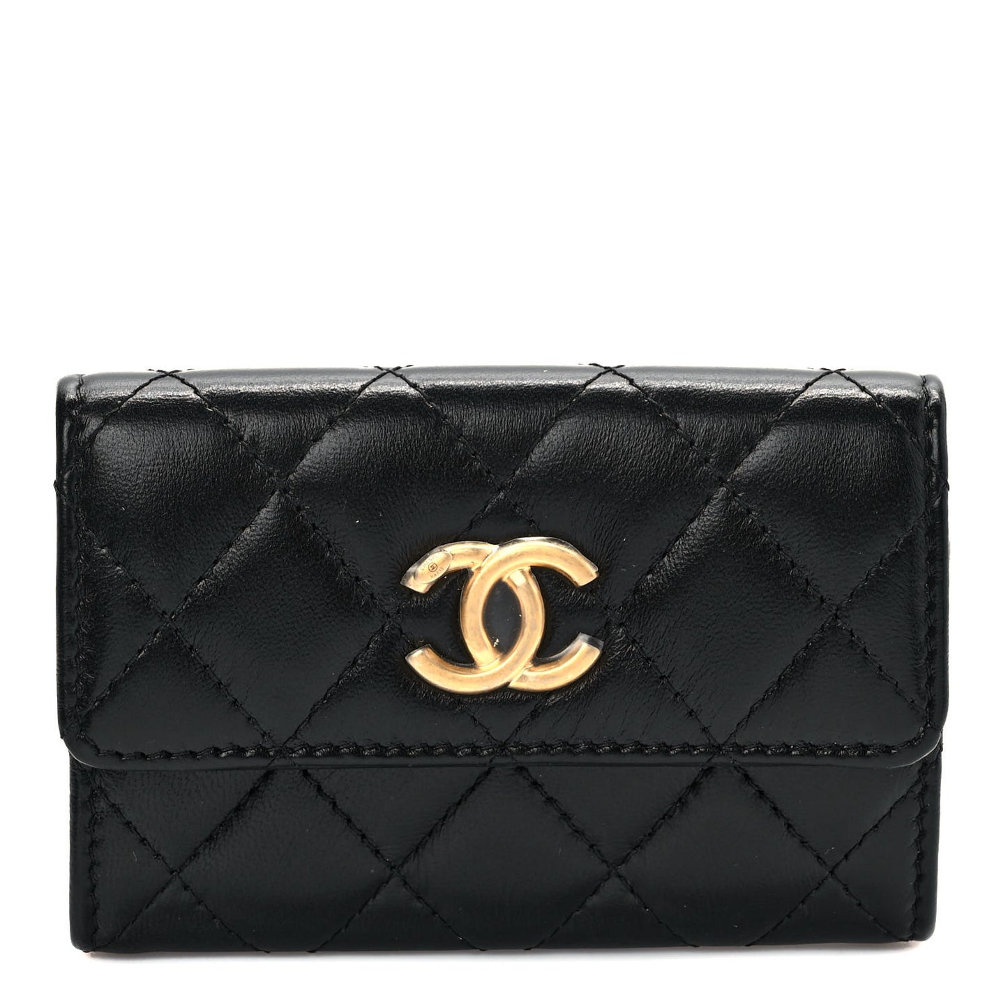 Lambskin Quilted Flap Card Holder Wallet Black