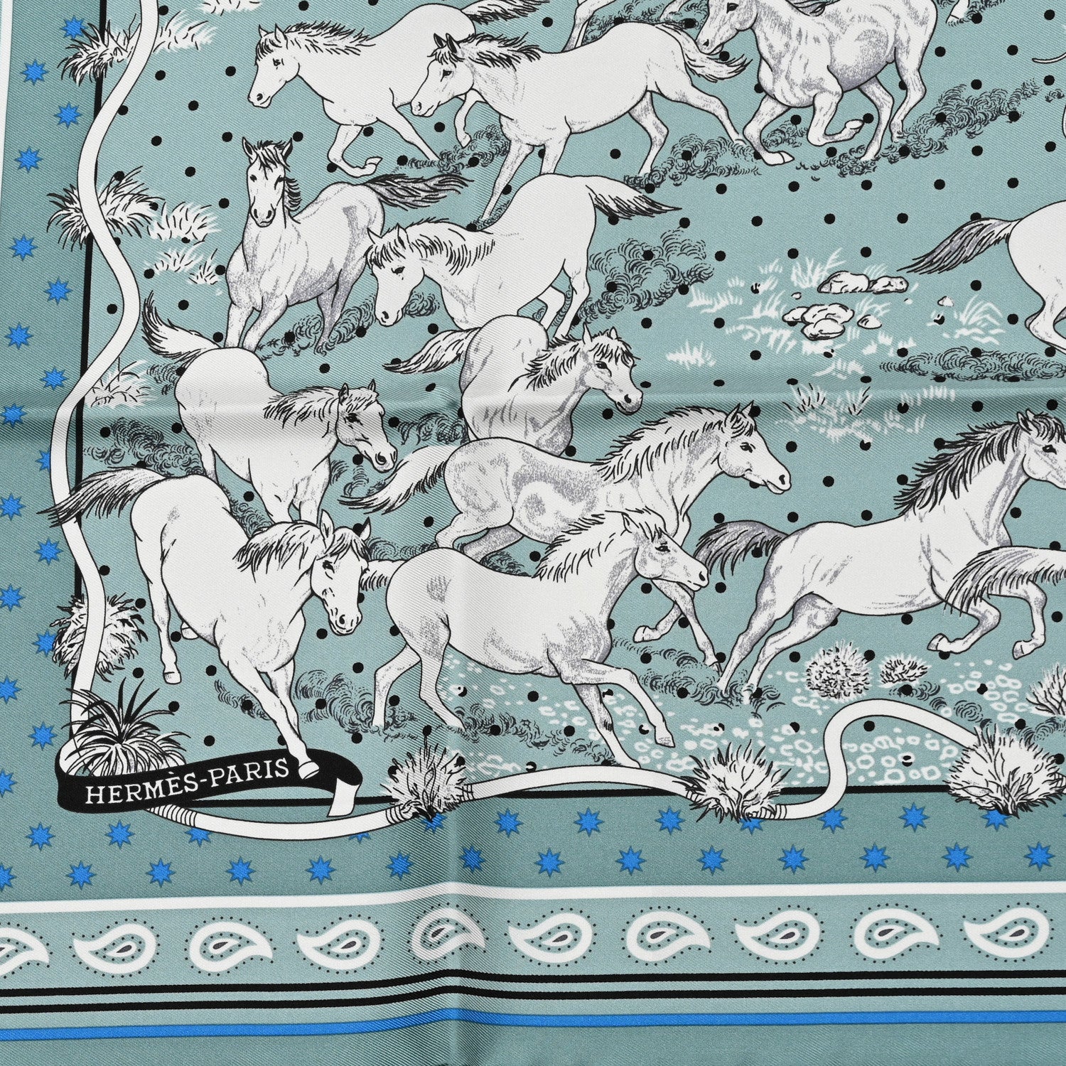 Hermes Silk Les Mustangs Bandana 55 Vert De Gris Bleu 2 of 5