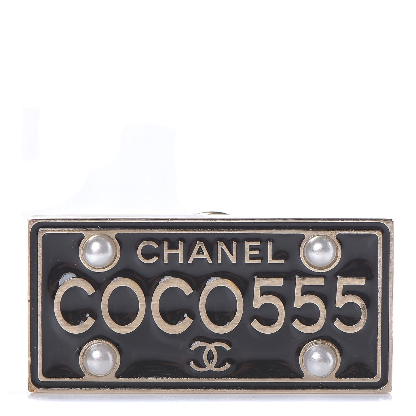 Metal Resin Pearl Coco License Plate Brooch Black Gold